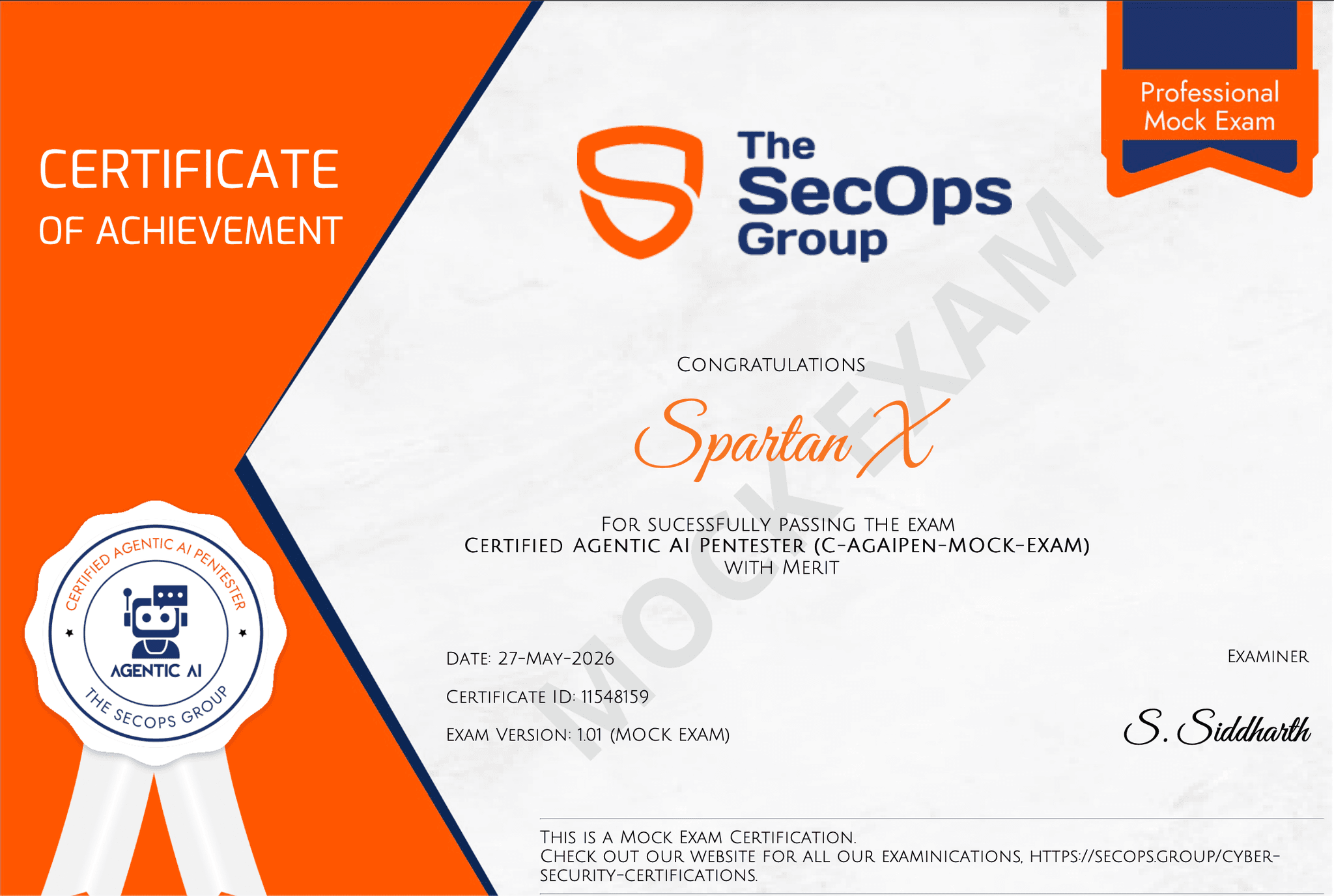 SpartanX Certified Agentic AI Pentester certificate