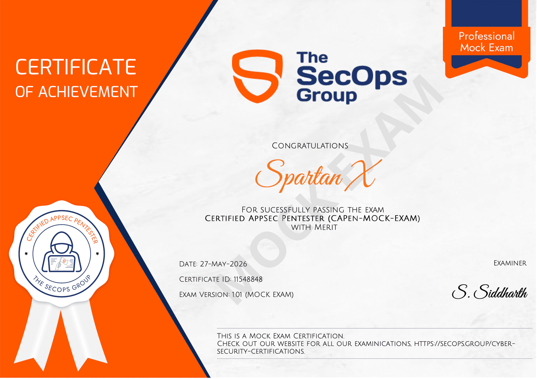 SpartanX Certified AppSec Pentester certificate