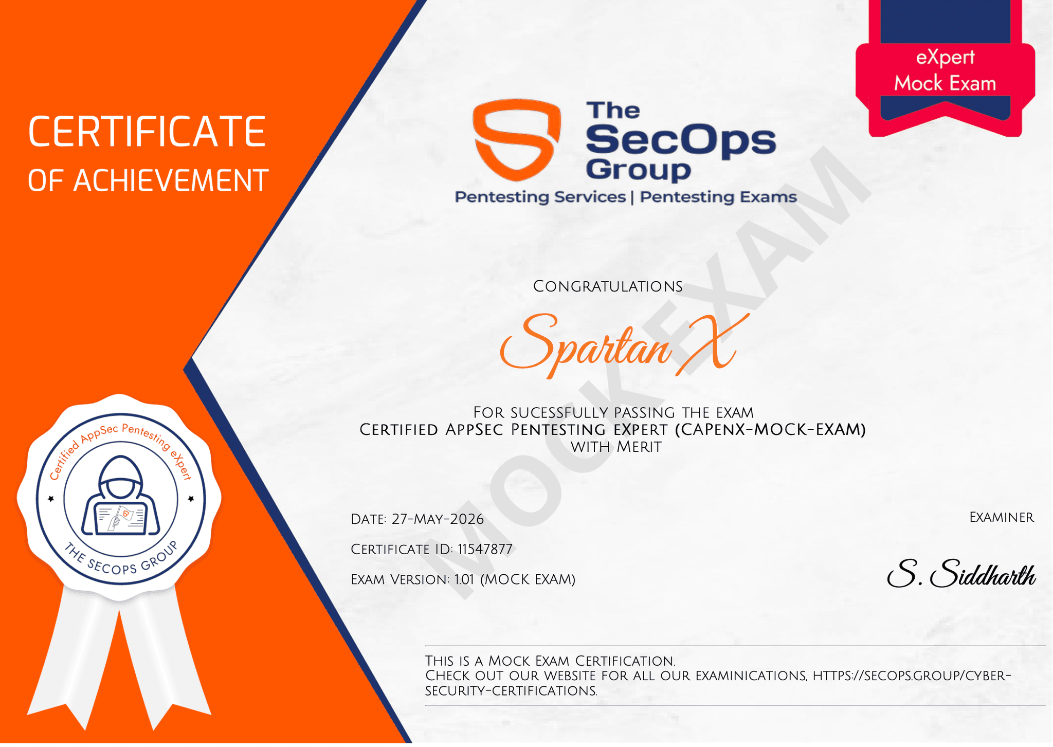 SpartanX Certified AppSec Pentesting eXpert certificate