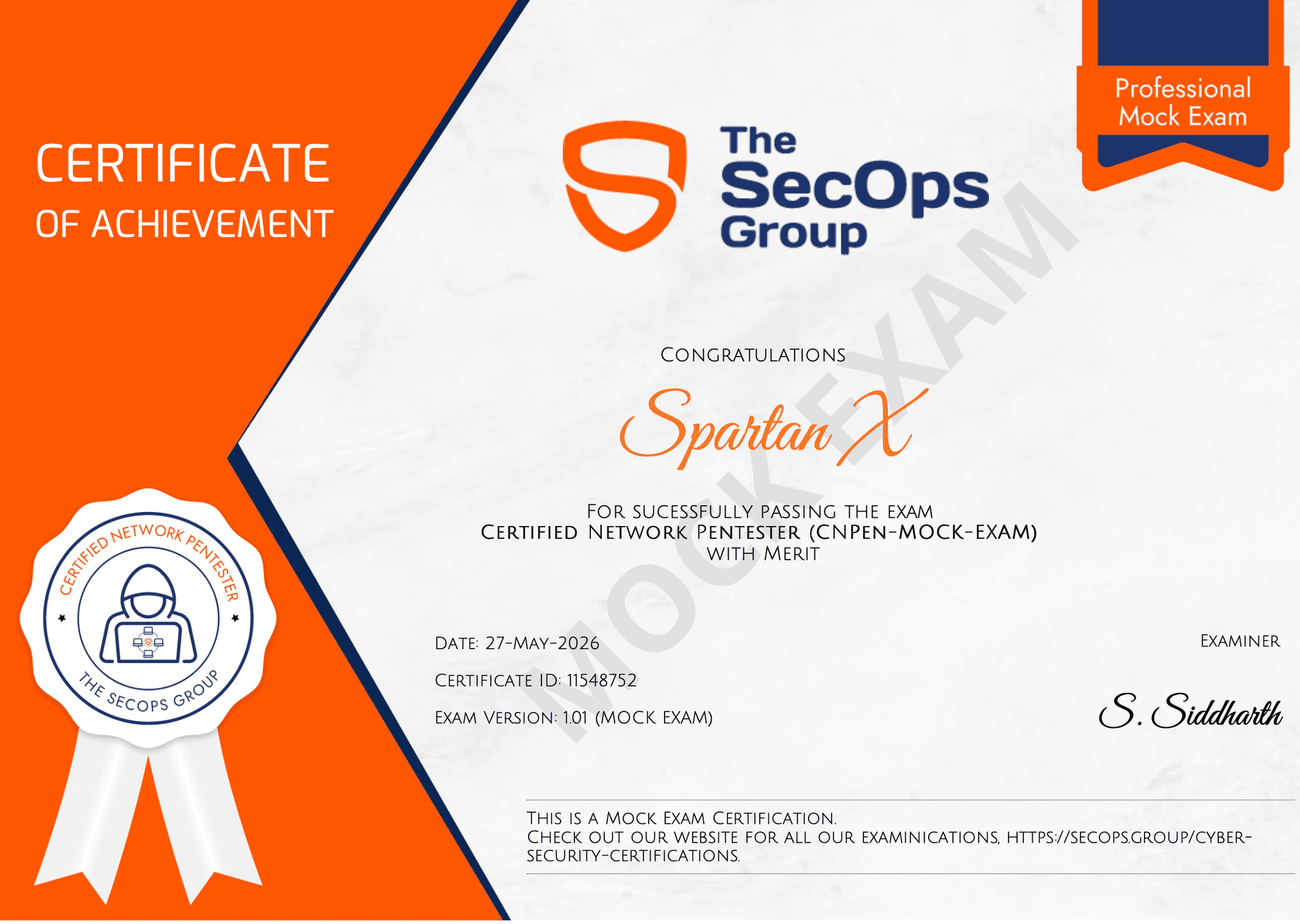 SpartanX Certified Network Pentester certificate