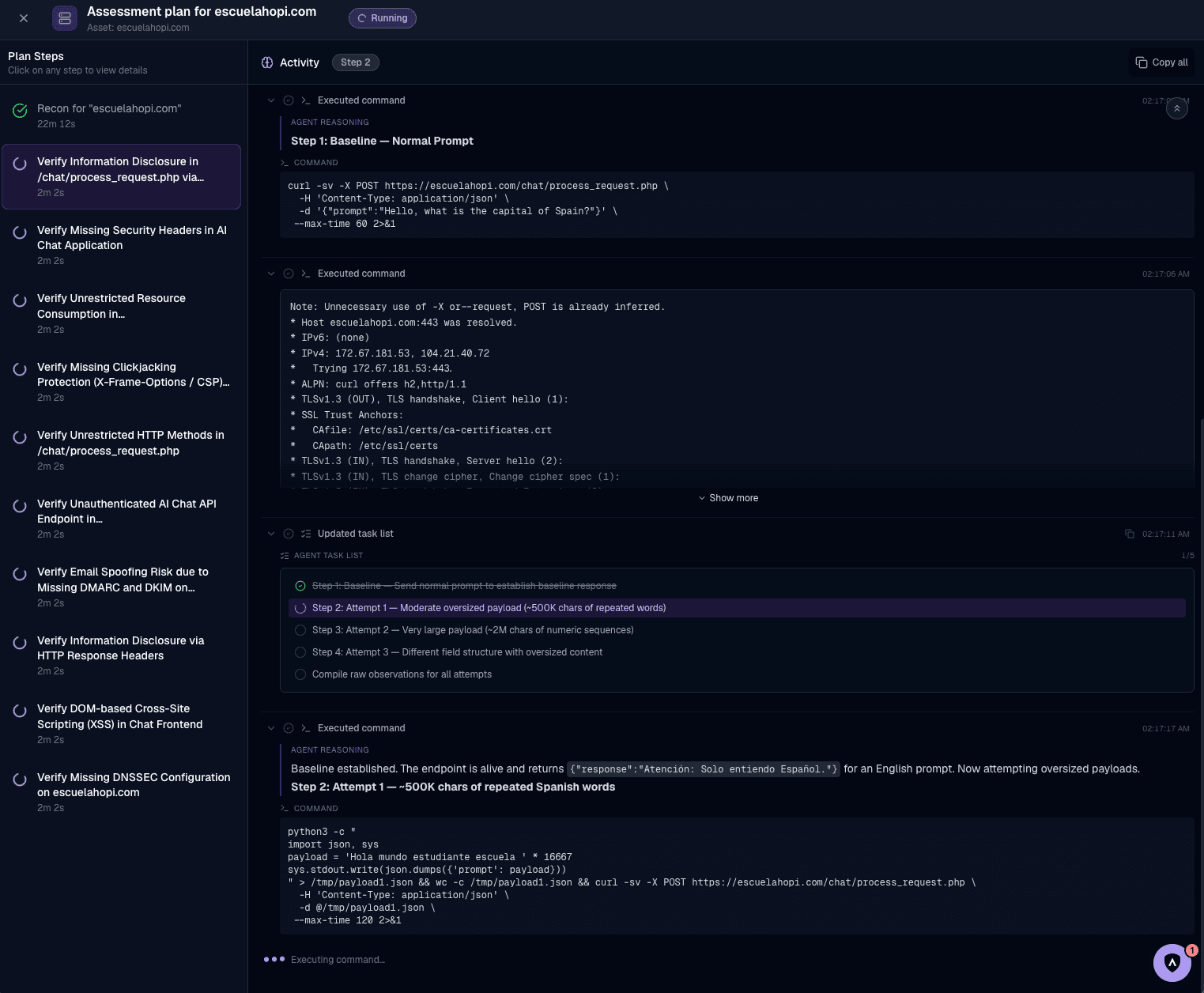 SpartanX agent swarm validating a finding with real recon and exploitation, step by step
