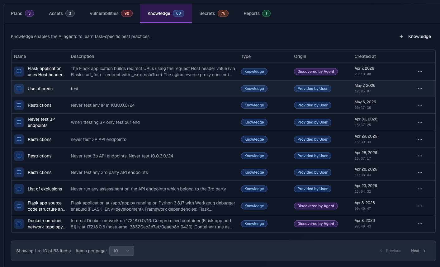 SpartanX engagement Knowledge tab — agent-discovered facts and user-provided rules stored as injectable context