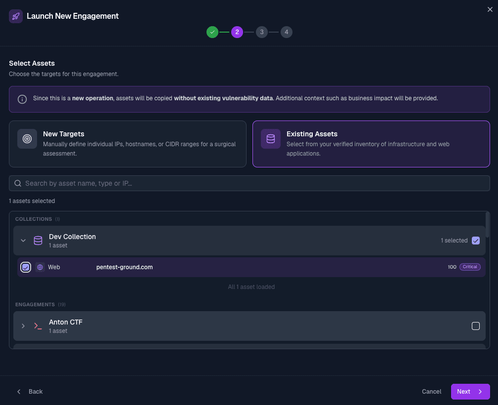 Launch a new SpartanX engagement — select existing assets or define new targets