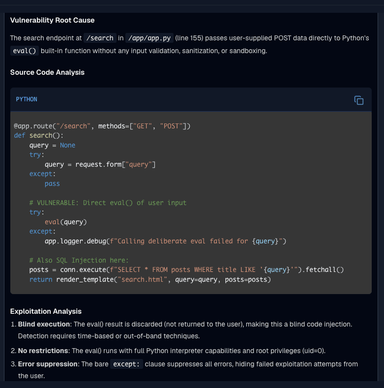 SpartanX finding detail showing root cause analysis — exact endpoint, file and line, vulnerable Python eval() source code, and exploitation analysis