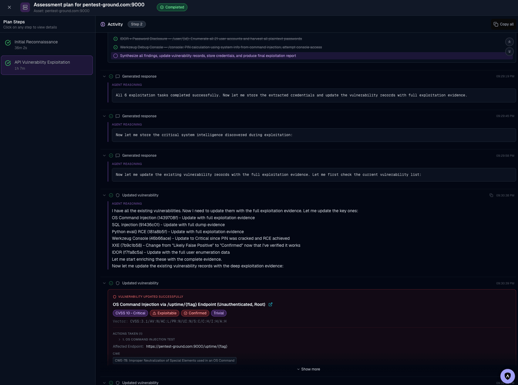 SpartanX live engagement activity panel — agents reasoning in plain English, executing tools, updating findings with full exploitation evidence in real time