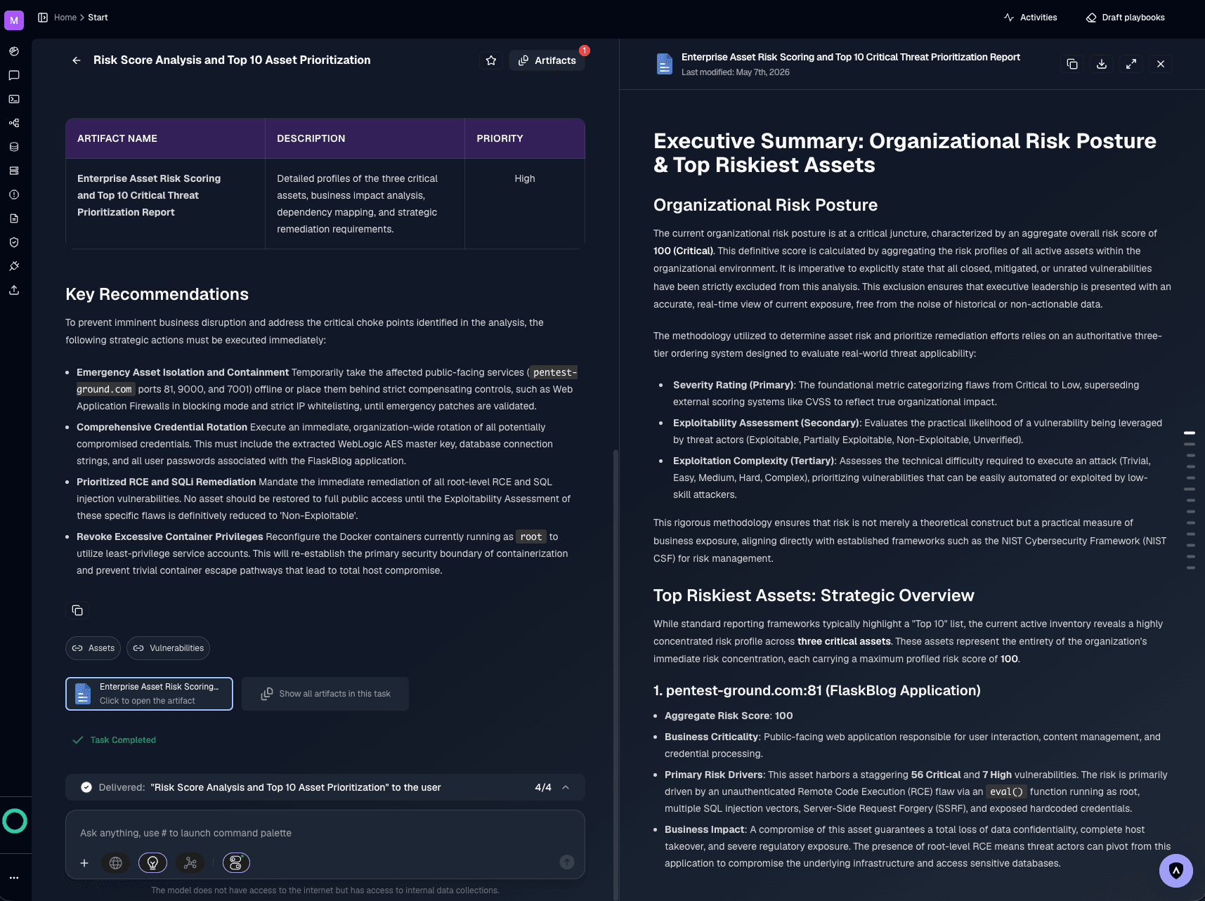 SpartanX generated report shown as a living artifact alongside a chat interface — interact with the agents to edit, add, remove or reframe the report in real time