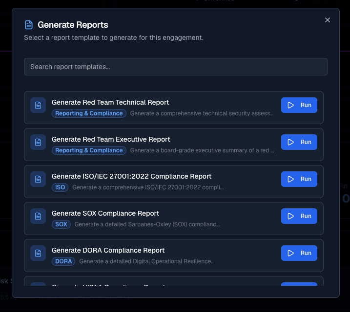 SpartanX Generate Reports dialog — one-click playbooks for Red Team Technical, Executive, ISO/IEC 27001, SOX, DORA and HIPAA compliance reports