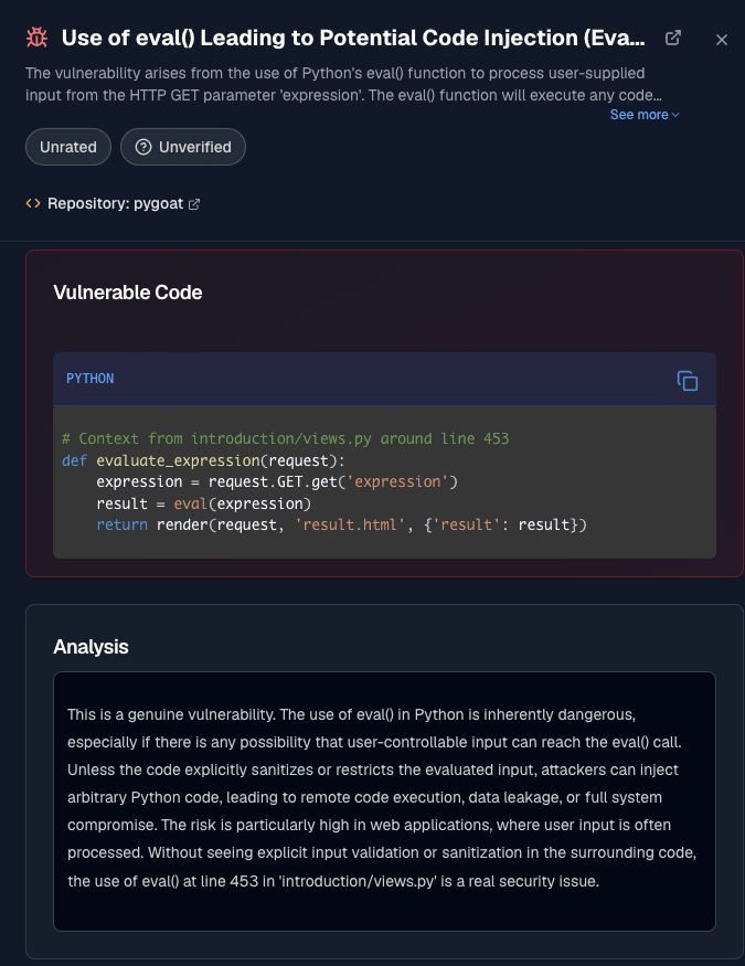 SpartanX vulnerability detail — the vulnerable Python eval() code and the platform's analysis confirming it is a genuine code injection risk