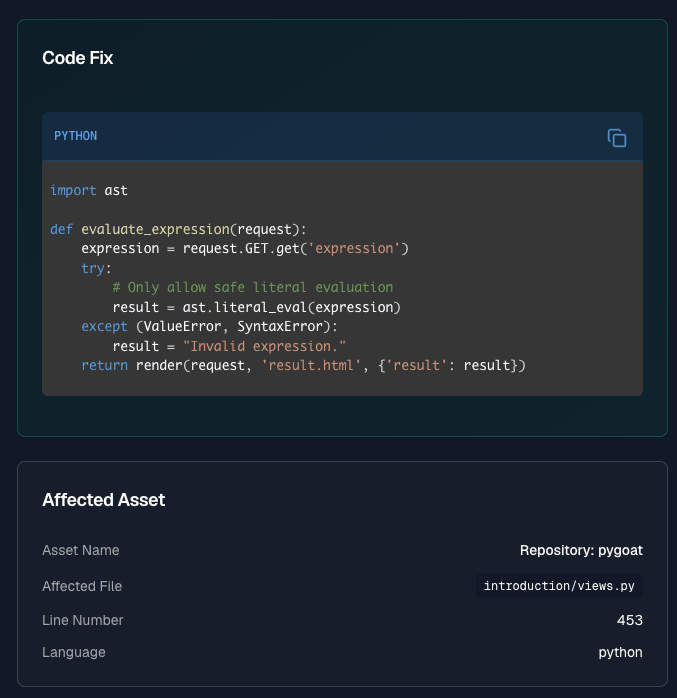 SpartanX generated code fix — a safe ast.literal_eval patch ready to apply, with the affected asset, file and line number