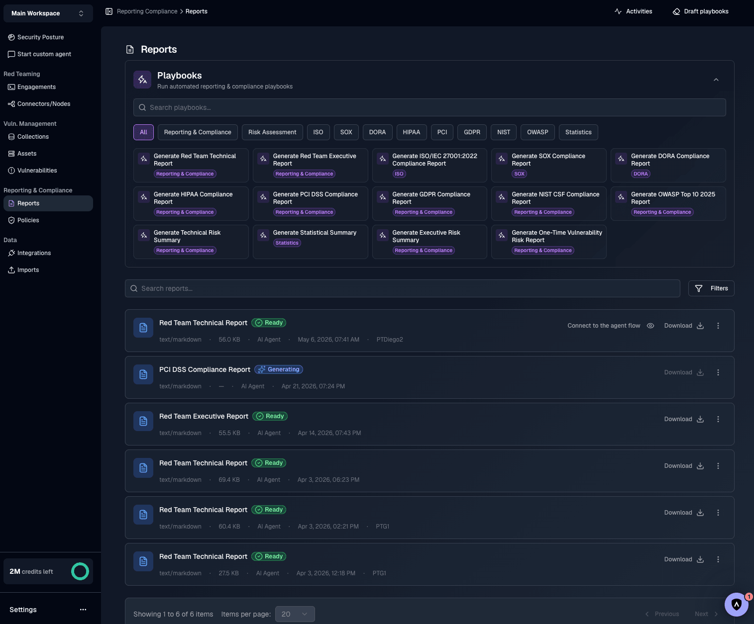 SpartanX reporting and compliance dashboard — automated reporting playbooks and generated audit-ready reports for SOC2, PCI-DSS, HIPAA, ISO 27001, GDPR, NIST, DORA