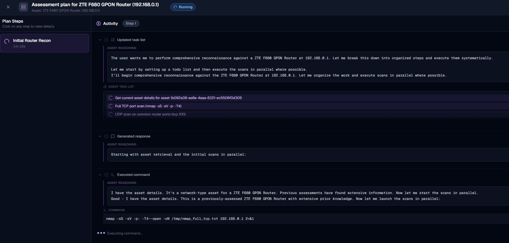 SpartanX agent swarm executing an internal assessment plan with live agent reasoning and commands