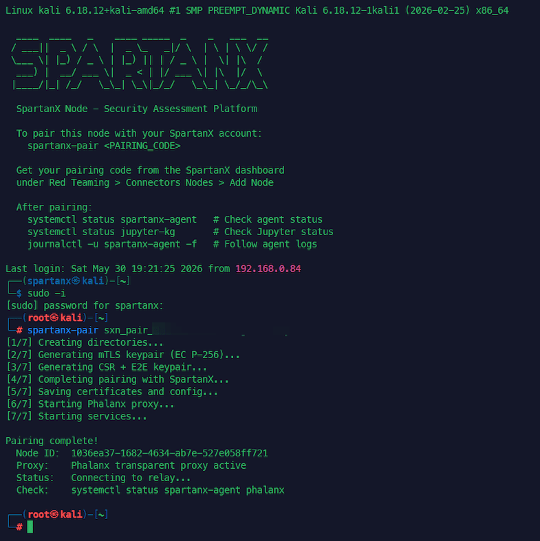 SpartanX NodeX pairing and setup terminal output on a Kali host