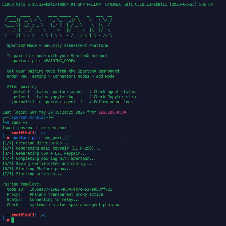 Pairing the NodeX virtual machine from the node console — running spartanx-pair with the pairing code