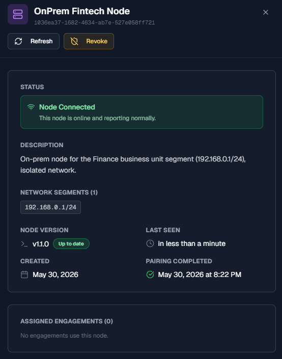 A paired NodeX node — connected and reporting normally with version, heartbeat and associated network segments