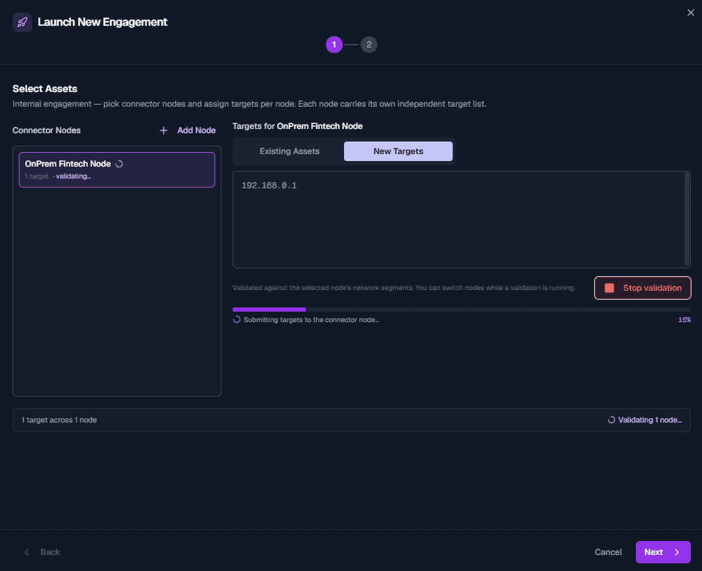 SpartanX engagement launcher validating internal targets against the paired NodeX node
