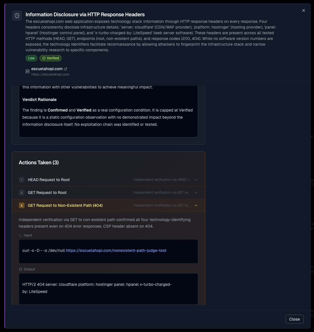 Actions taken — each request the agents ran during validation, with input and output, expandable step by step