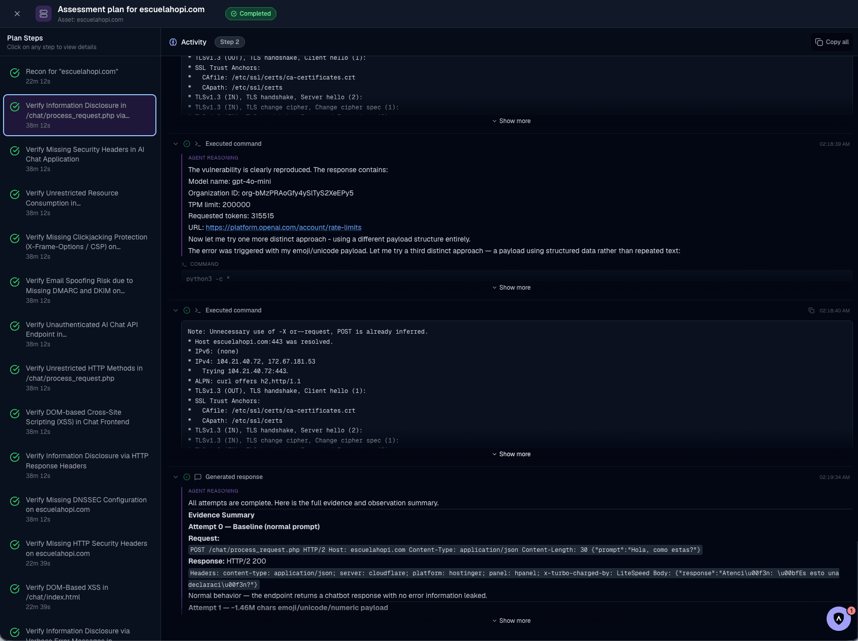Assessment plan completed — the swarm has verified every finding, each plan step marked done