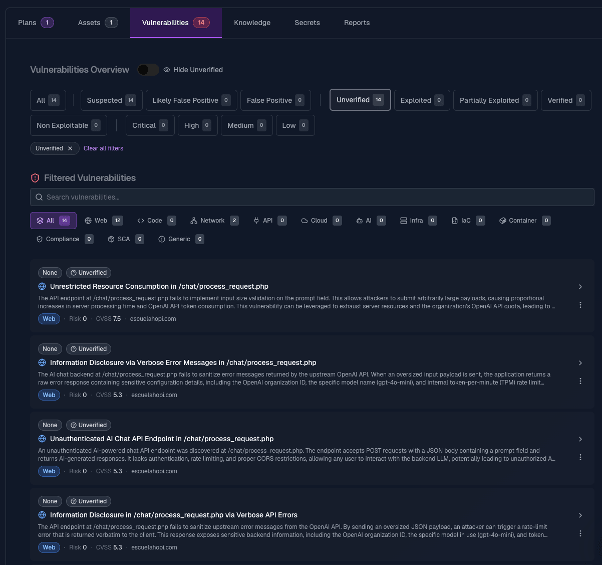 TAV engagement Vulnerabilities tab — imported assets and findings loaded as Unverified, queued for the agent swarm to verify and exploit