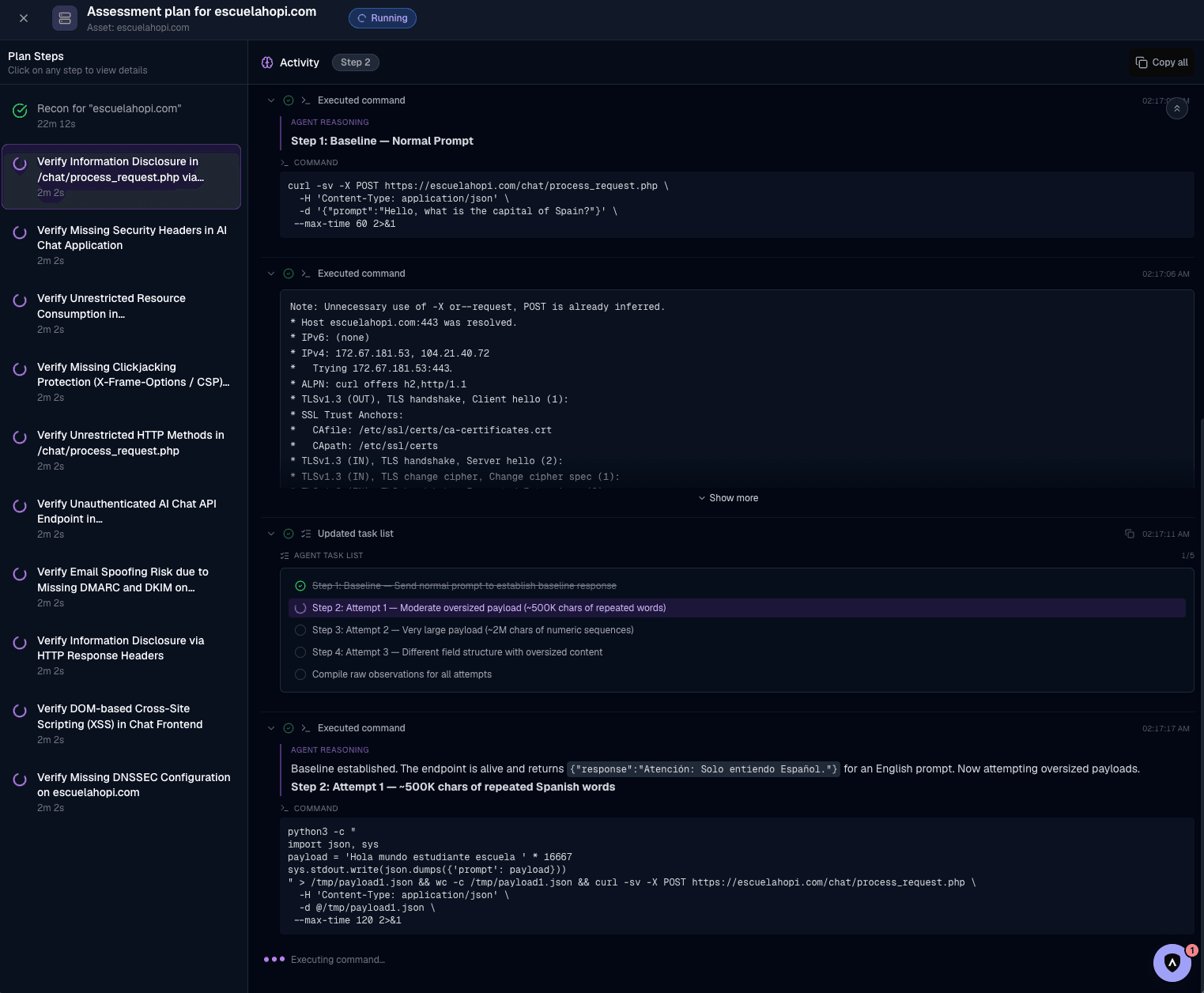 A running TAV assessment plan — agents performing recon and reasoning step by step, establishing a baseline before attempting exploitation to weed out scanner false positives