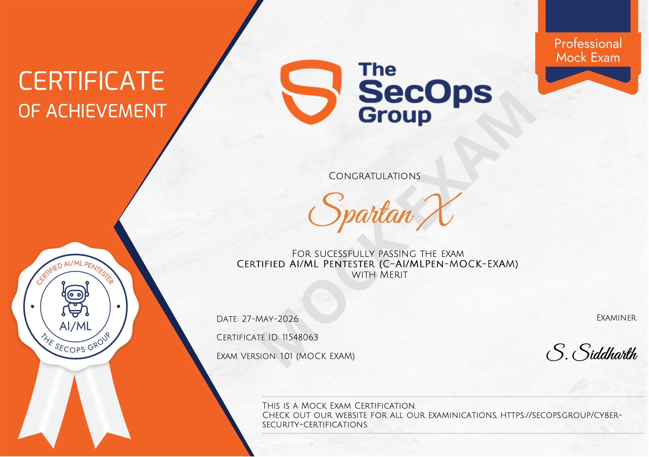 SpartanX certificate of achievement: Certified AI/ML Pentester (C-AI/MLPEN)