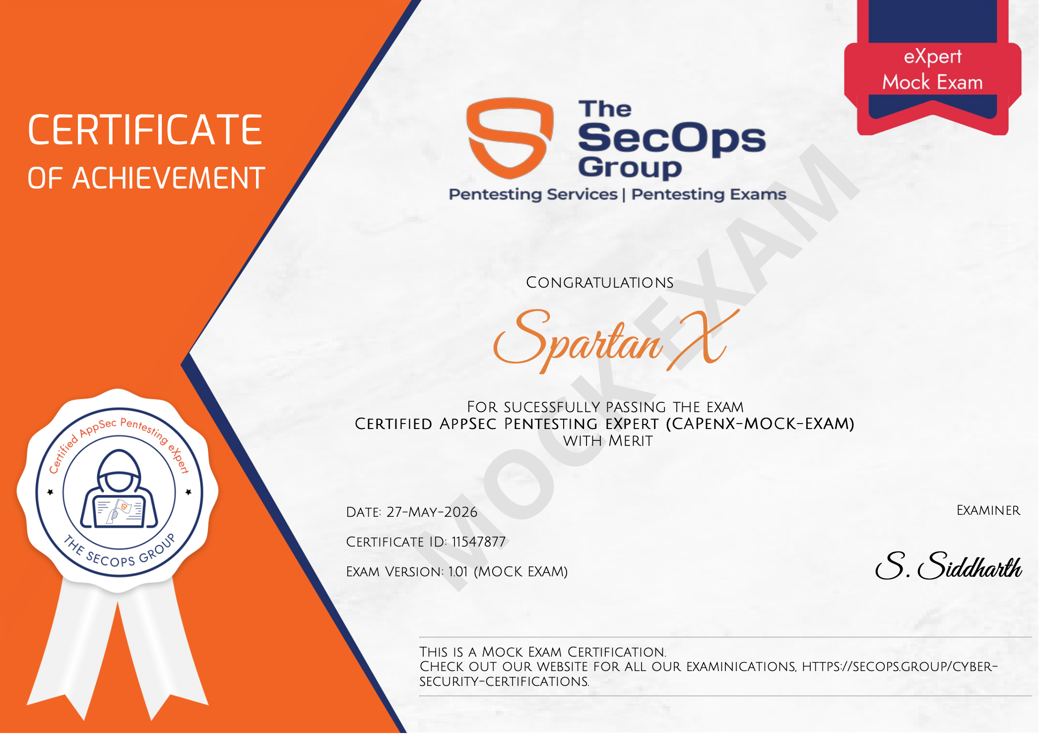 SpartanX certificate of achievement: Certified AppSec Pentesting eXpert (CAPENX)