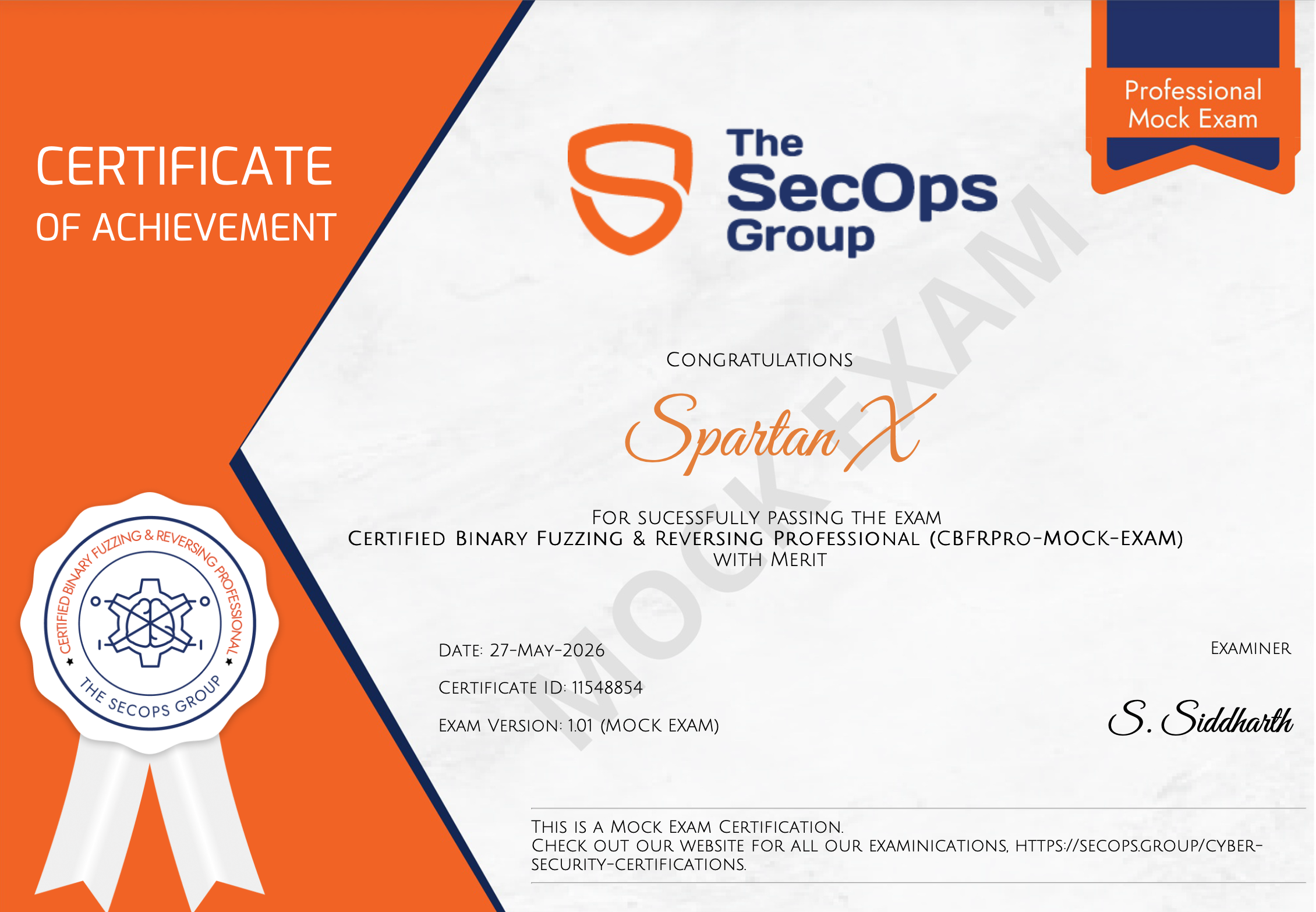 SpartanX certificate of achievement: Certified Binary Fuzzing & Reversing Professional (CBFRPRO)