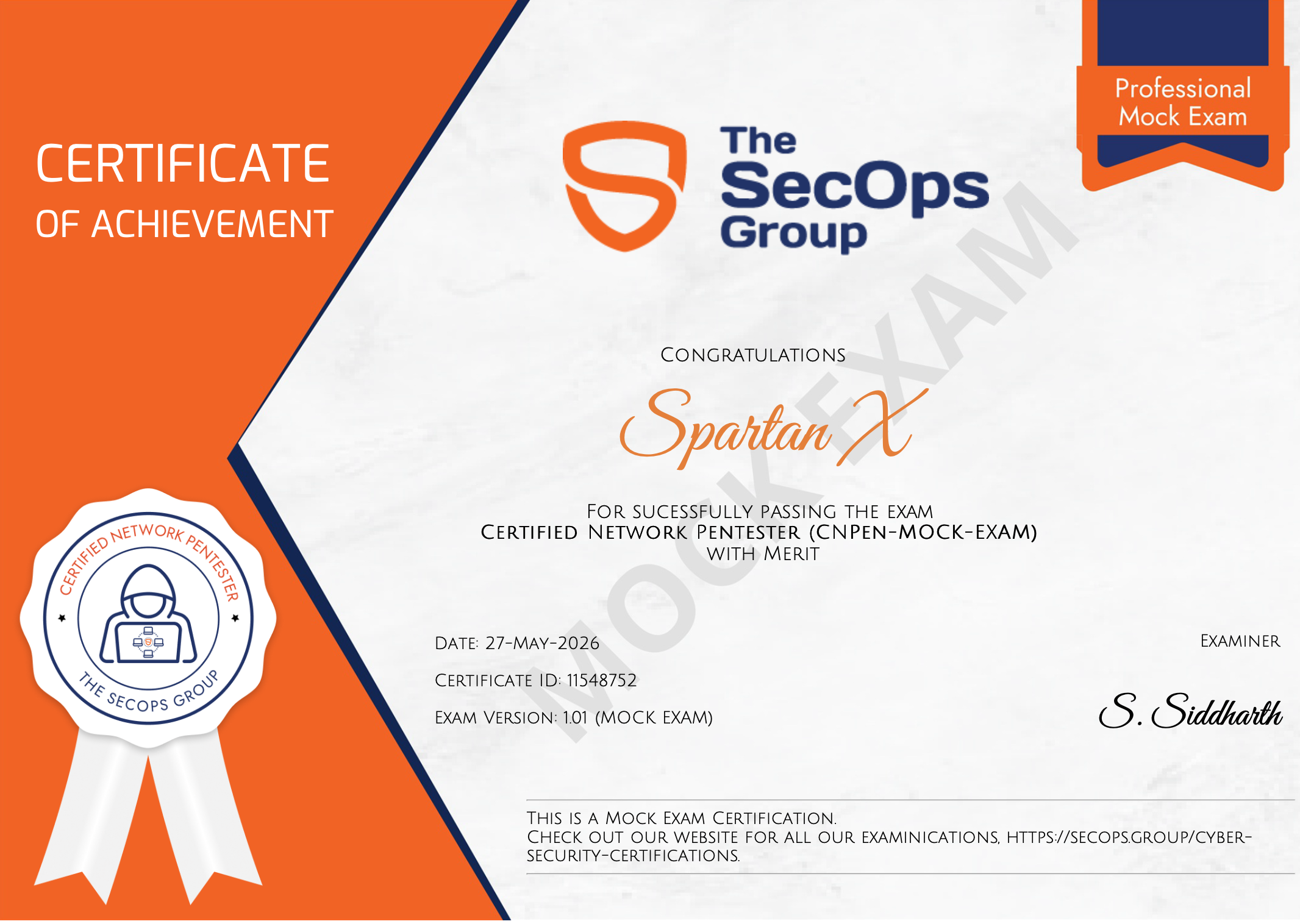 SpartanX certificate of achievement: Certified Network Pentester (CNPEN)