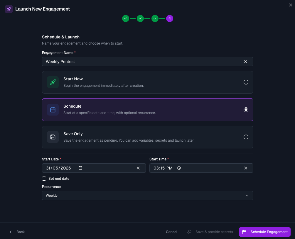 Schedule and launch, run now, schedule with recurrence, or save and add credentials later