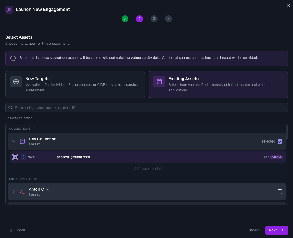Launch a new engagement, select existing assets or define new targets