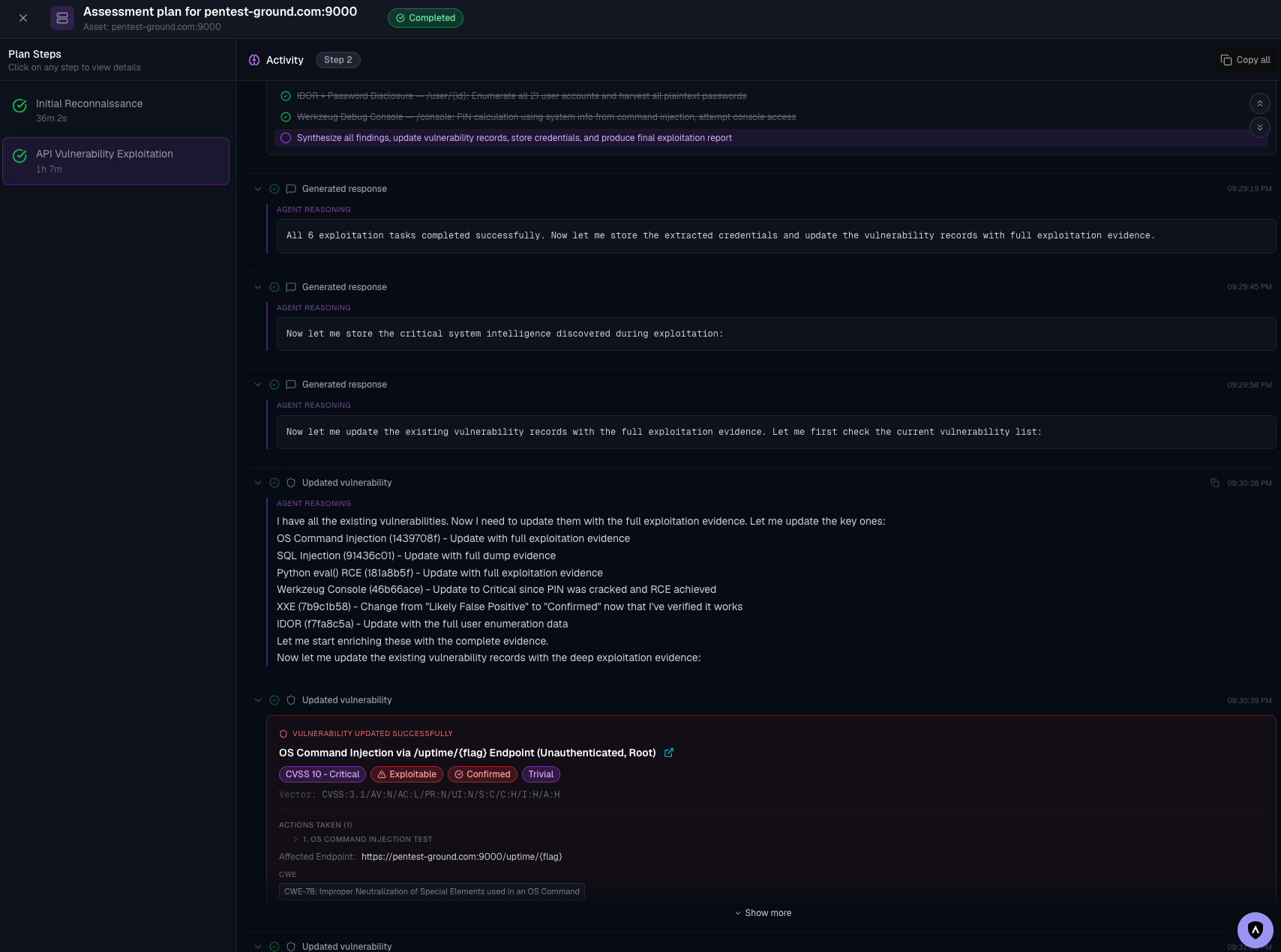 Live activity panel: agents reasoning in plain English, executing tools, updating findings with evidence in real time