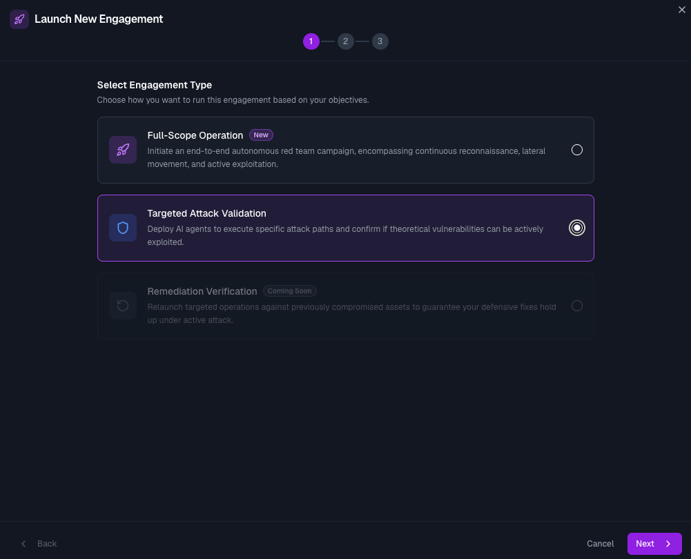 Launch wizard, selecting the Targeted Attack Validation engagement type