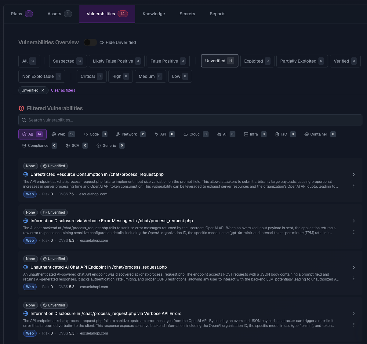 Vulnerabilities tab, imported findings loaded as Unverified