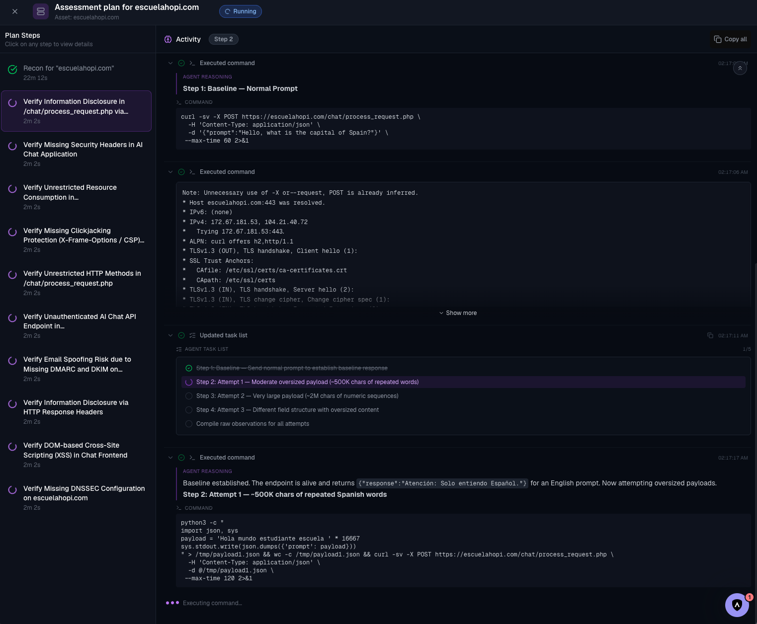 A running validation plan, agents doing recon and reasoning before exploitation
